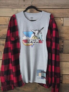 Upcycled Graphic T-shirt With Plaid Sleeves